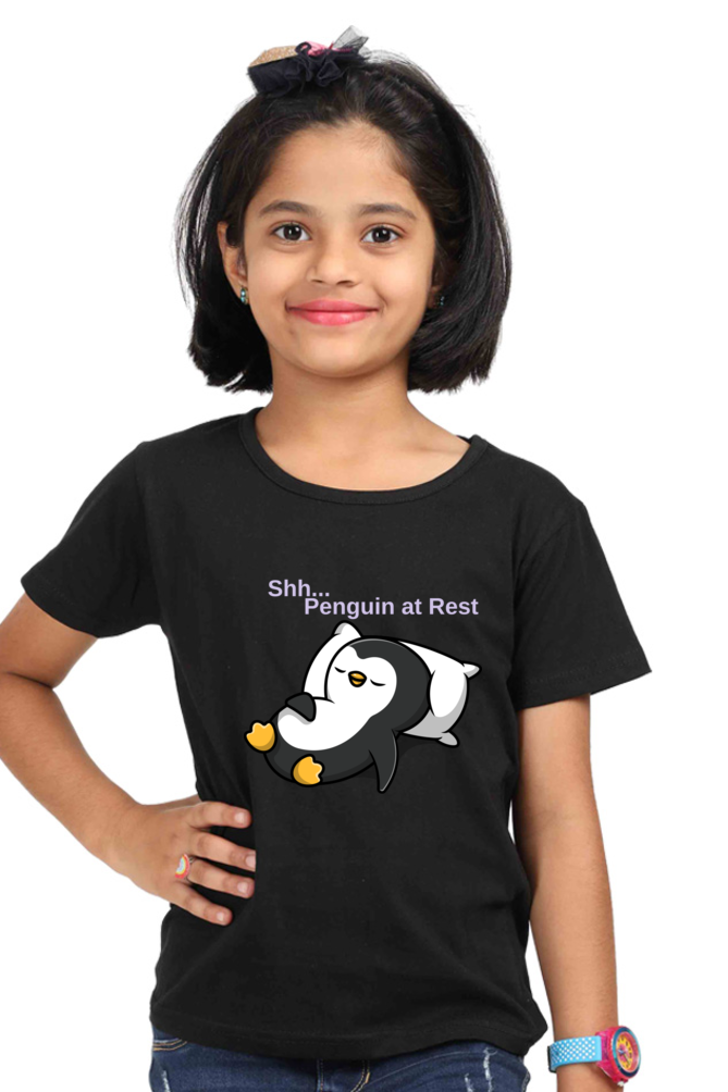 Shh... Penguin at Rest" Girls Graphic Printed T-shirt